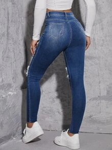 Jeans ajustados de talle alto roto con abertura - Azul lavado medio - Ver 2