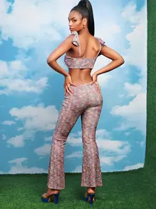 SHEIN VCAY 段染肩部打結上衣和鏤空長褲套裝 - 彩色 - 查看 1