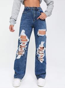 Quần jean nữ Nút Cắt ra Túi Bị tách Dây kéo màu trơn - Rửa trung bình - Xem 1