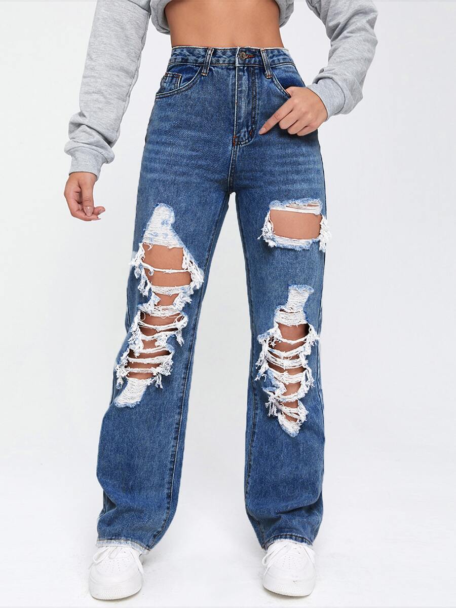 Quần jean nữ Nút Cắt ra Túi Bị tách Dây kéo màu trơn - Rửa trung bình - Xem 1