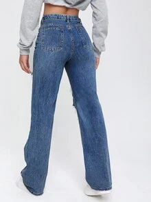 Quần jean nữ Nút Cắt ra Túi Bị tách Dây kéo màu trơn - Rửa trung bình - Xem 2