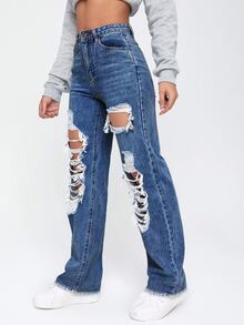 Quần jean nữ Nút Cắt ra Túi Bị tách Dây kéo màu trơn - Rửa trung bình - Xem 3