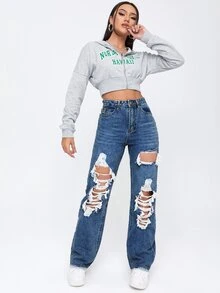 Quần jean nữ Nút Cắt ra Túi Bị tách Dây kéo màu trơn - Rửa trung bình - Xem 4