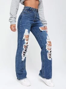 Quần jean nữ Nút Cắt ra Túi Bị tách Dây kéo màu trơn - Rửa trung bình - Xem 5