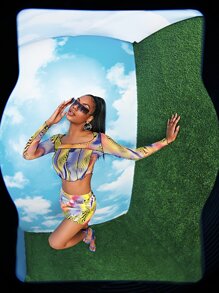 SHEIN BAE Dot & Zebra Stripe Print Crop Tee - Multicolor - View 5