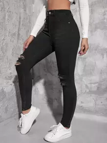 SHEIN EZwear Quần jean nữ Nút Túi Bị tách Dây kéo màu trơn - màu đen - Xem 1