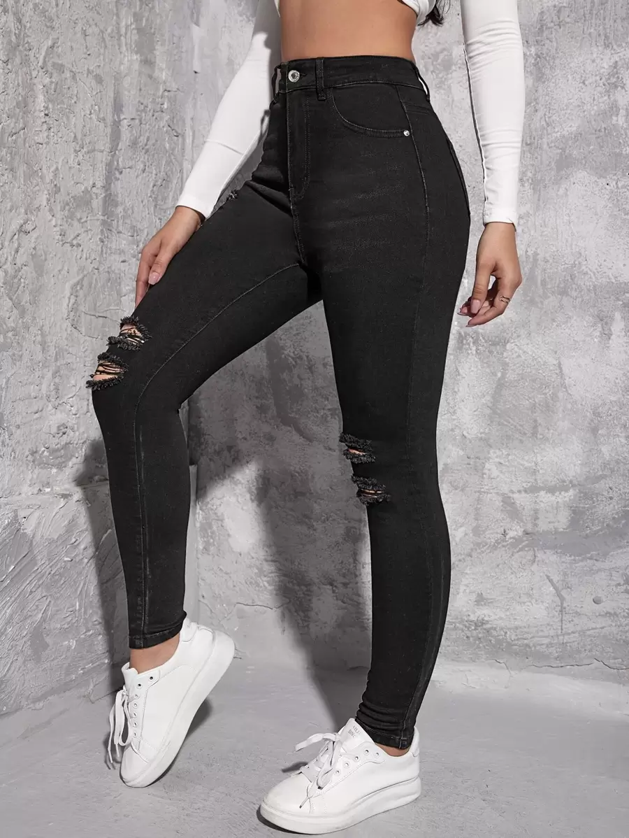 SHEIN EZwear Quần jean nữ Nút Túi Bị tách Dây kéo màu trơn - màu đen - Xem 1