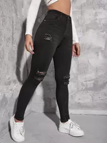 SHEIN EZwear Quần jean nữ Nút Túi Bị tách Dây kéo màu trơn - màu đen - Xem 3