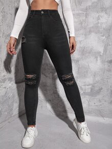 SHEIN EZwear Quần jean nữ Nút Túi Bị tách Dây kéo màu trơn - màu đen - Xem 4