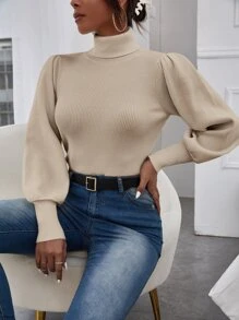 SHEIN Privé Solid Bishop Sleeve Turtle Neck Sweater In Fall/Winter - Khaki - View 1