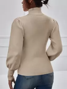 SHEIN Privé Solid Bishop Sleeve Turtle Neck Sweater In Fall/Winter - Khaki - View 2