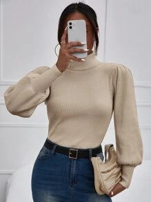 SHEIN Privé Solid Bishop Sleeve Turtle Neck Sweater In Fall/Winter - Khaki - View 5