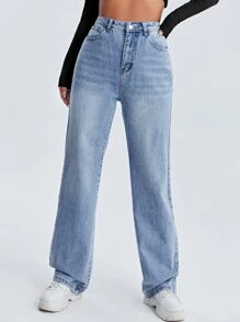 SHEIN High Waist Straight Leg Jeans - Light Wash - View 1