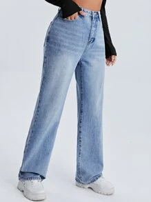 SHEIN High Waist Straight Leg Jeans - Light Wash - View 3