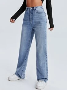 SHEIN High Waist Straight Leg Jeans - Light Wash - View 4