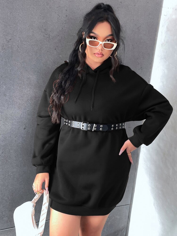 Flirla Vestido con capucha con estampado de slogan de hombros caídos con cordón sin cinturón - Negro - Añade 4