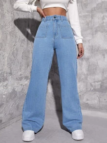 Jeans de pierna recta de talle alto - Azul lavado medio - Ver 1