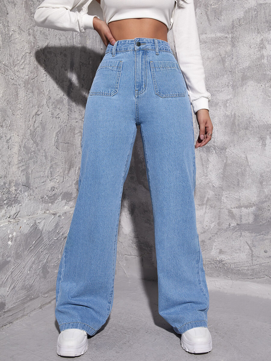 Jeans de pierna recta de talle alto - Azul lavado medio - Ver 1