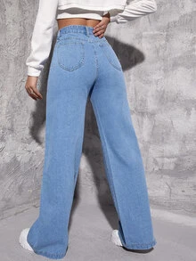 Jeans de pierna recta de talle alto - Azul lavado medio - Ver 2