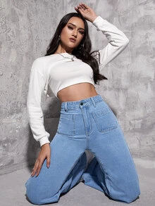 Jeans de pierna recta de talle alto - Azul lavado medio - Ver 3