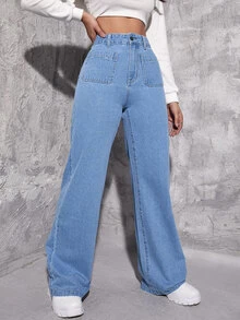 Jeans de pierna recta de talle alto - Azul lavado medio - Ver 4