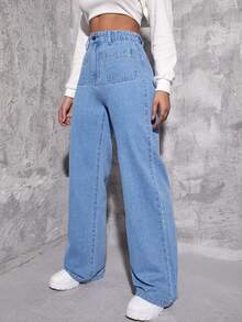 Jeans de pierna recta de talle alto - Azul lavado medio - Ver 5