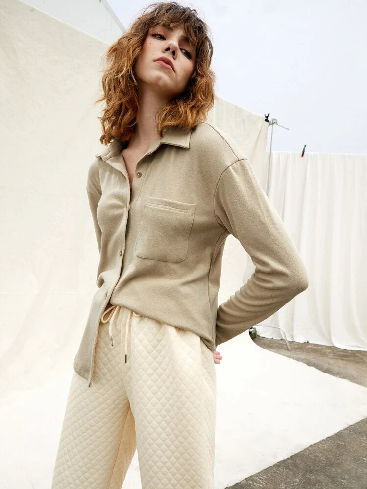 SHEIN Ficka Framsida Knappar Slätt Enkel Topp - Kaki - Visa 1