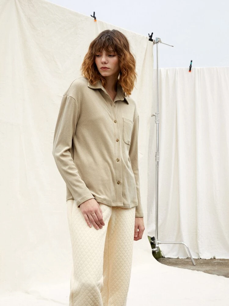 SHEIN Ficka Framsida Knappar Slätt Enkel Topp - Kaki - Visa 3