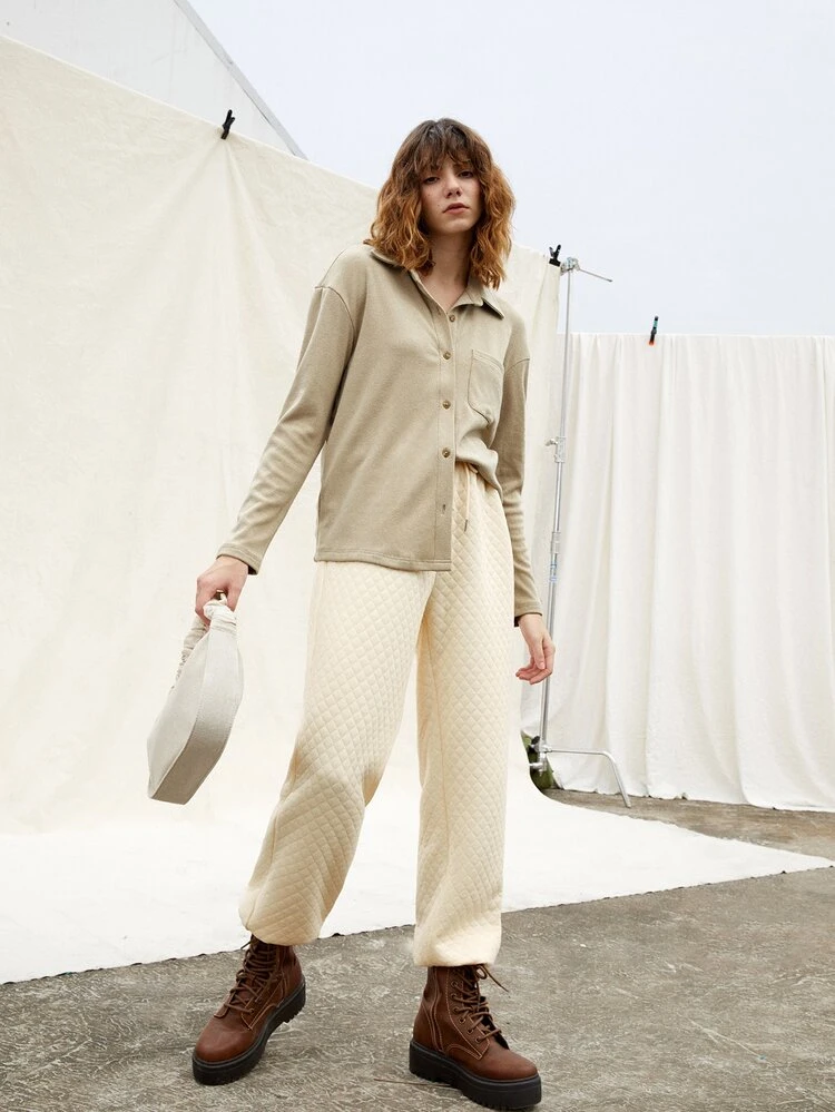 SHEIN Ficka Framsida Knappar Slätt Enkel Topp - Kaki - Visa 4