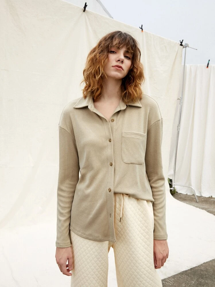 SHEIN Ficka Framsida Knappar Slätt Enkel Topp - Kaki - Visa 5