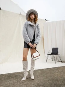 SHEINNeu Drop Shoulder Zipper Padded Coat - Light Grey - View 5