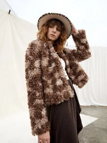 SHEIN Tie Dye Fuzzy Coat - Brown - View 1