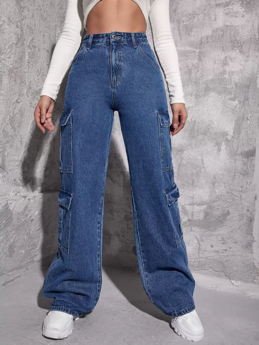 Zipper Fly Flap Pocket Cargo Jeans - Medium Wash - View 1