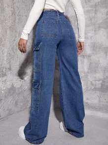 Zipper Fly Flap Pocket Cargo Jeans - Medium Wash - View 2