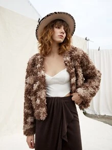 SHEIN Tie Dye Fuzzy Coat - Brown - View 3