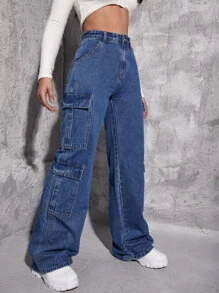 Zipper Fly Flap Pocket Cargo Jeans - Medium Wash - View 4