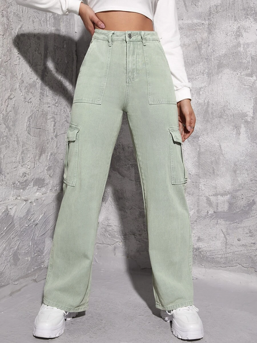 Jeans cargo de talle alto con bolsillo con solapa - verde menta - Ver 1