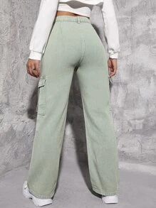 Jeans cargo de talle alto con bolsillo con solapa - verde menta - Ver 2