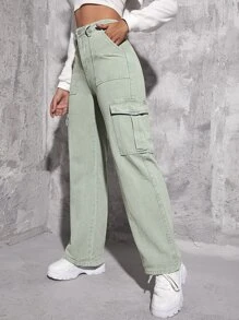 Jeans cargo de talle alto con bolsillo con solapa - verde menta - Ver 3