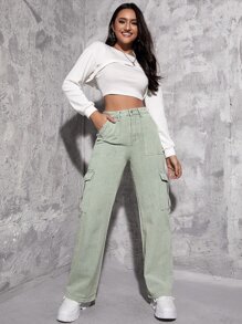 Jeans cargo de talle alto con bolsillo con solapa - verde menta - Ver 4