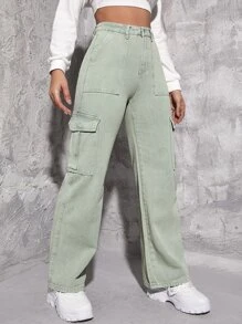 Jeans cargo de talle alto con bolsillo con solapa - verde menta - Ver 5
