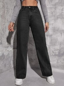 Light Wash Wide Leg Jeans - Black - View 1