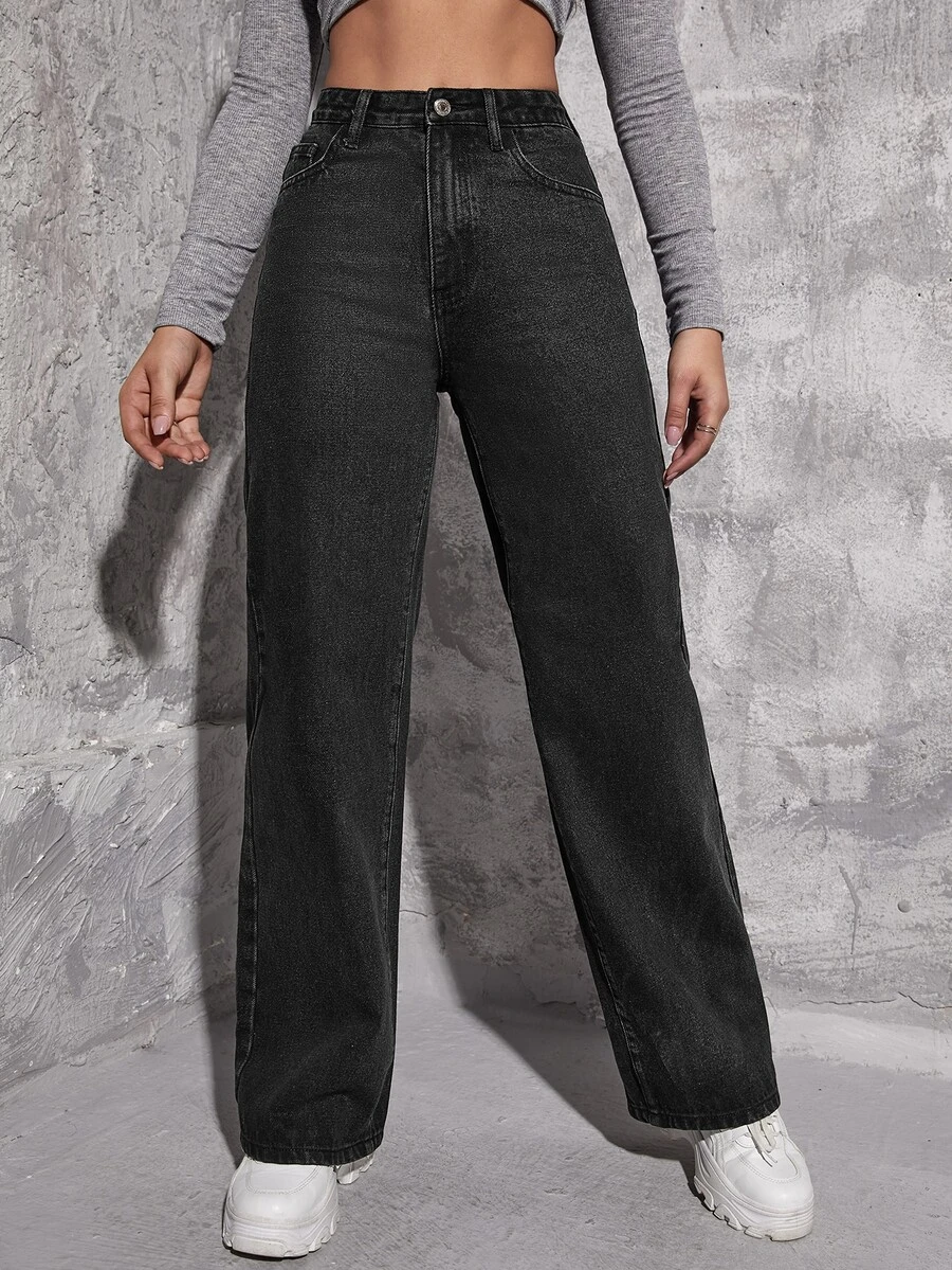 Light Wash Wide Leg Jeans - Black - View 1