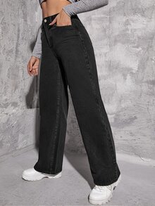 Light Wash Wide Leg Jeans - Black - View 3