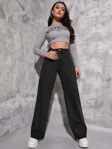 Light Wash Wide Leg Jeans - Black - View 4