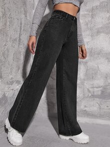 Light Wash Wide Leg Jeans - Black - View 5