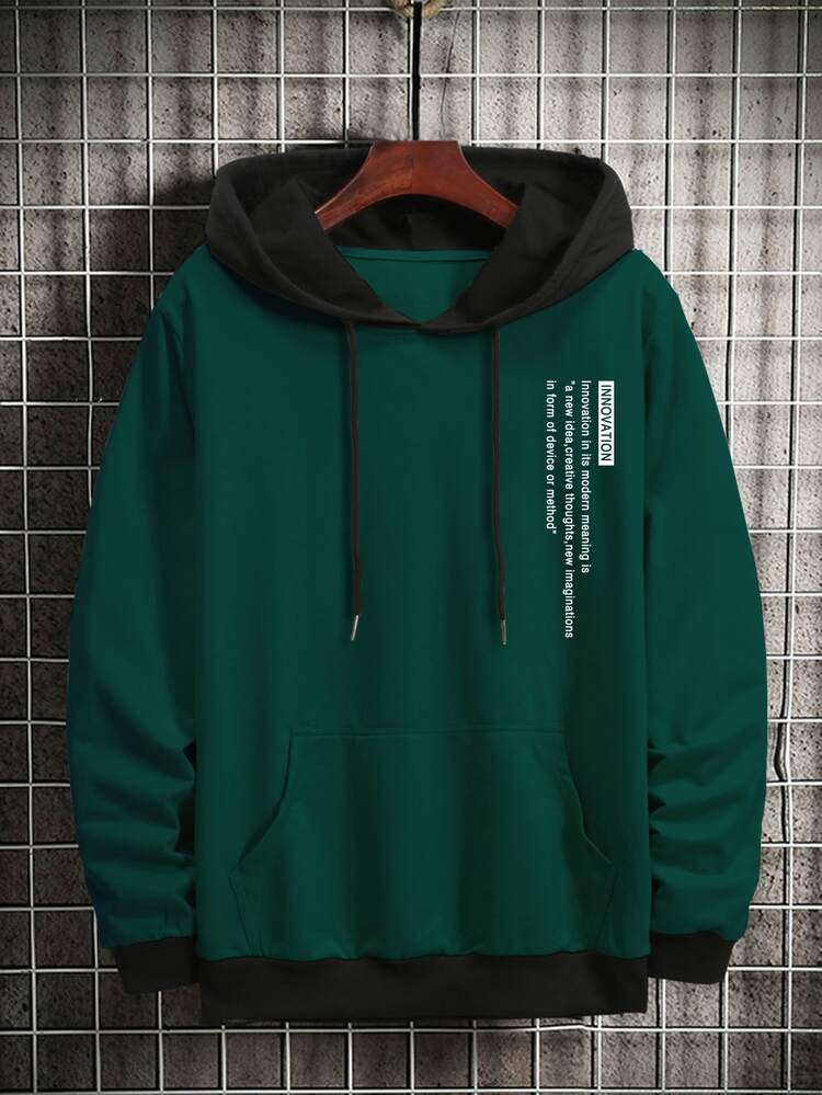 Men Slogan Graphic Color Block Kangaroo Pocket Drawstring Hoodie | SHEIN