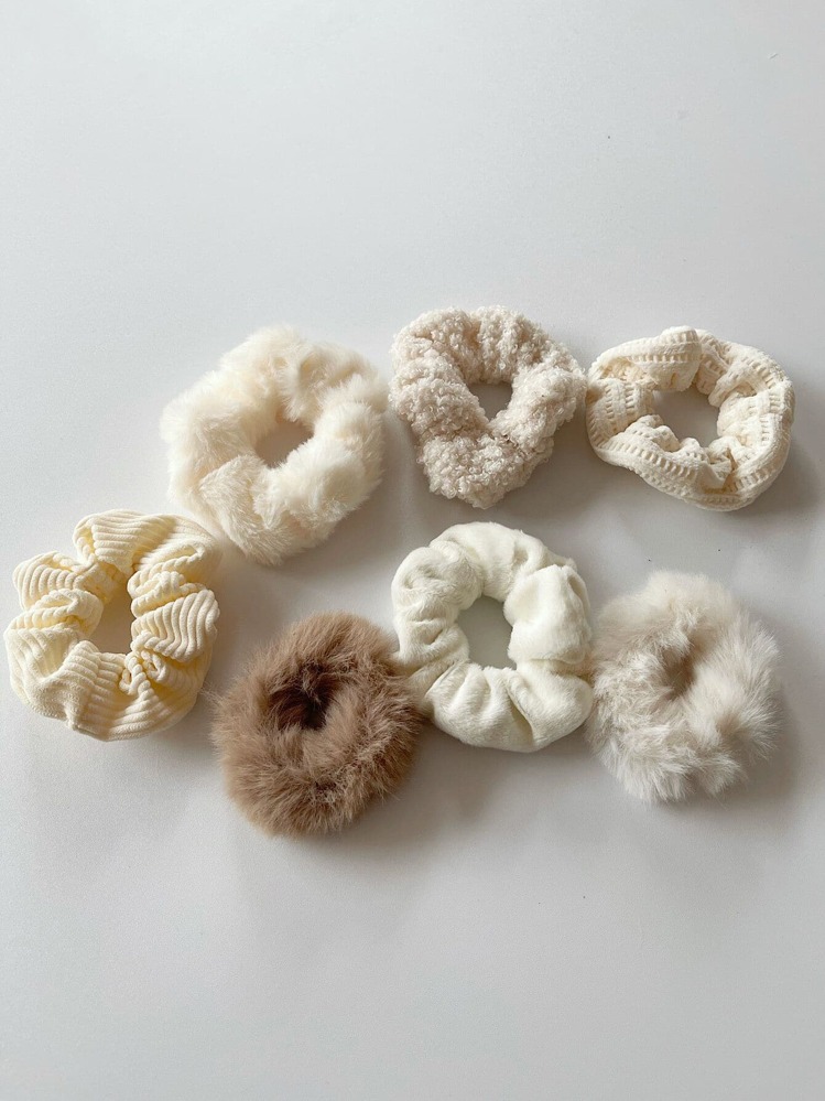 Set de 7 coleteros mullidos de unicolor para otoño e invierno, accesorios para el cabello, lazos para el cabello - Blanco - Añade 3