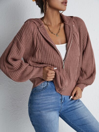 Drop Shoulder Zip Up Hooded Cardigan,Long Sleeve Tops In Fall/Winter