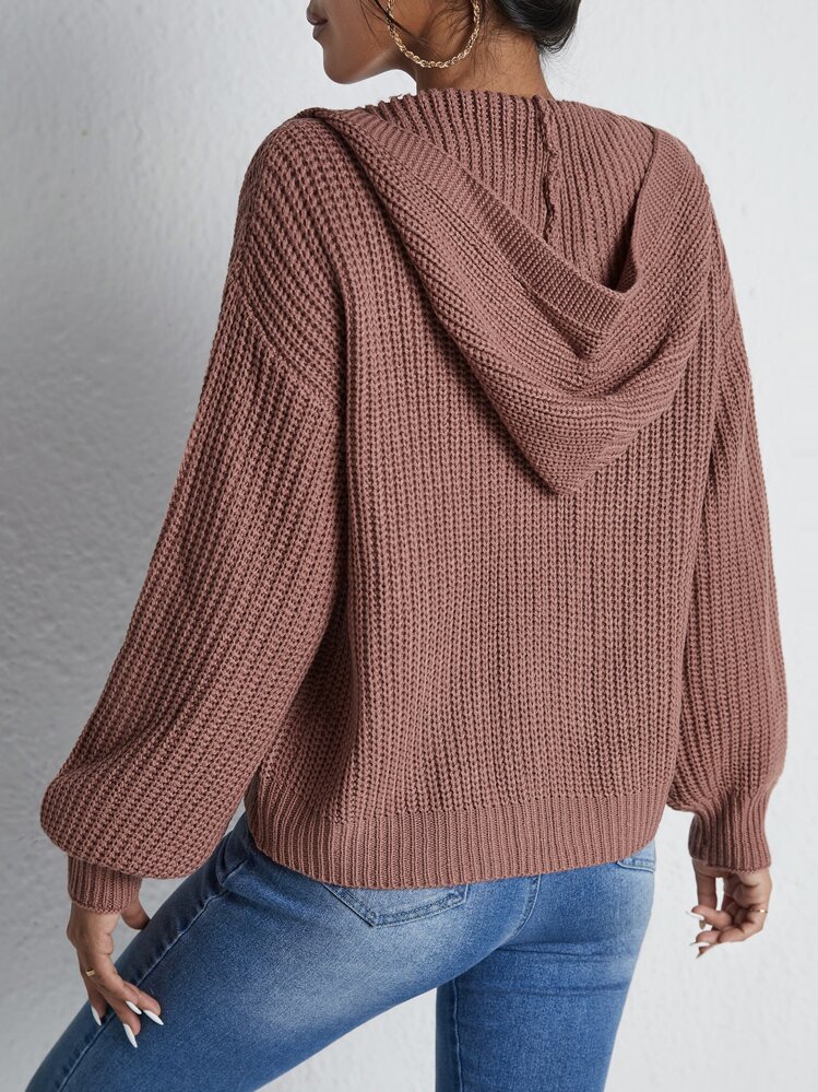 RueChic Cárdigan con capucha con cremallera y hombros caídos, tops de manga larga para otoño/invierno - Color caoba - Añade 2
